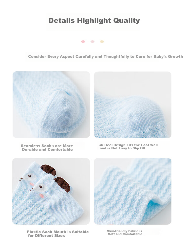 9i9 Baby Socks Summer Long Mesh Anti-Mosquito Combed Cotton Soft Thin Socks Non-Binding 3 Pairs 0-1 Year 5