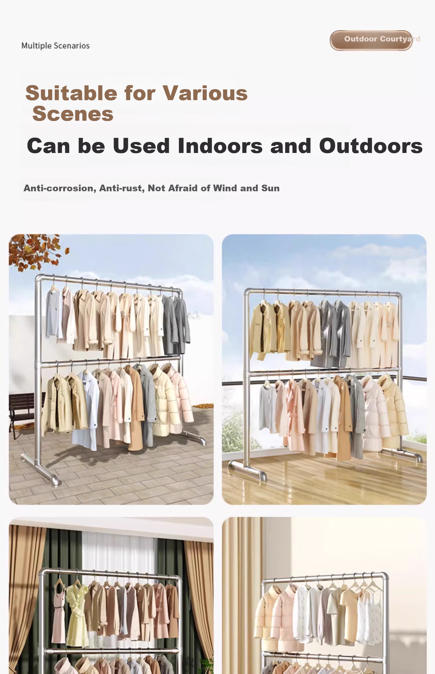 Baoyouni Steel Pipe Clothes Drying Rack, Floor-Standing Outdoor Simple Balcony Bedroom Clothes Hanger, Double-Layer Water Pipe Quilt Drying Device, Customizable 19