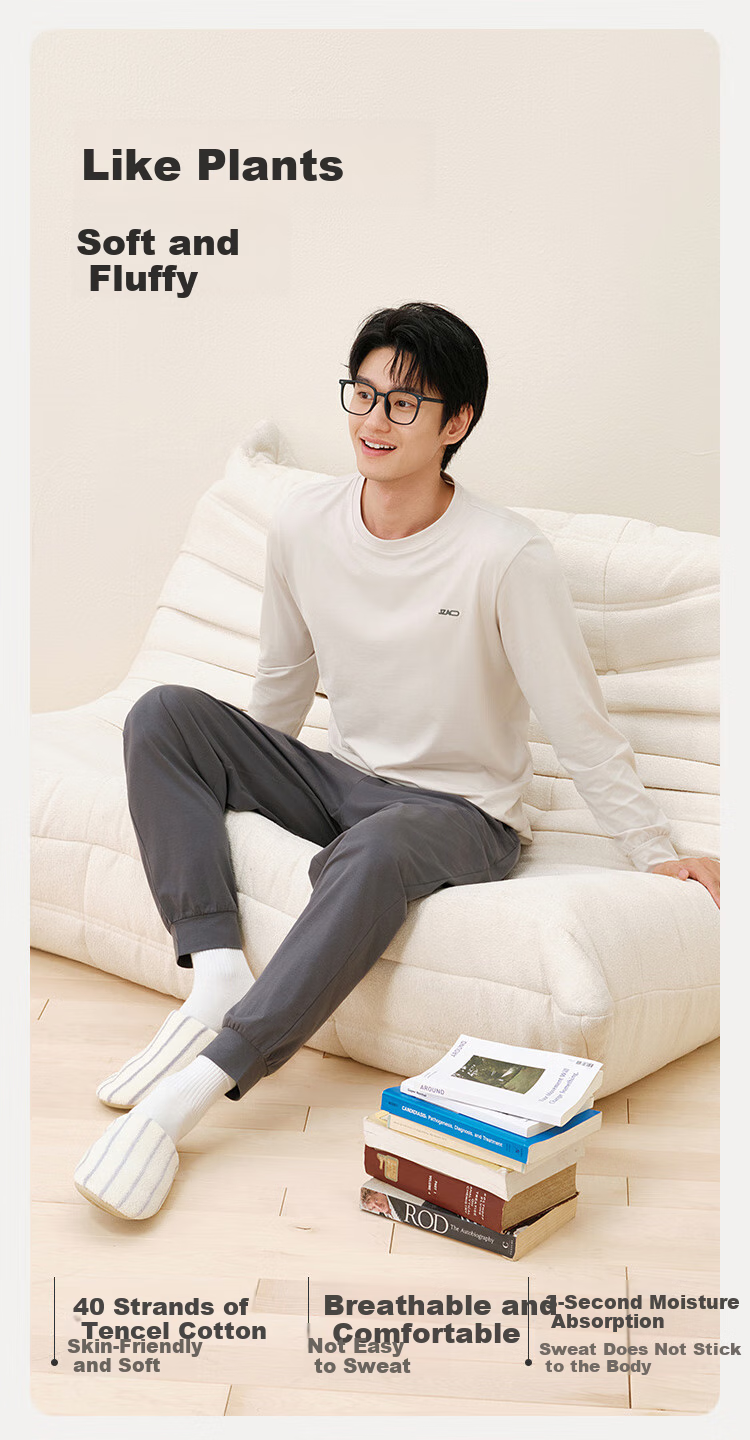 JD Original [Tiansi Cotton] 10A Antibacterial Pajamas for Men, Autumn And Winter Men's Sleepwear, Cotton Quick-Dry Round Neck Men's Loungewear M 4