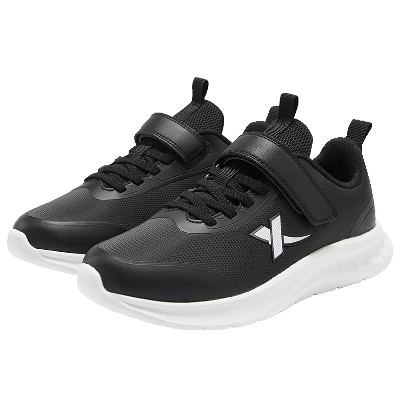 XTEP Kids Leather Sports Shoes Boys School Velcro Basic Running Shoes Black/Classic White Size 40