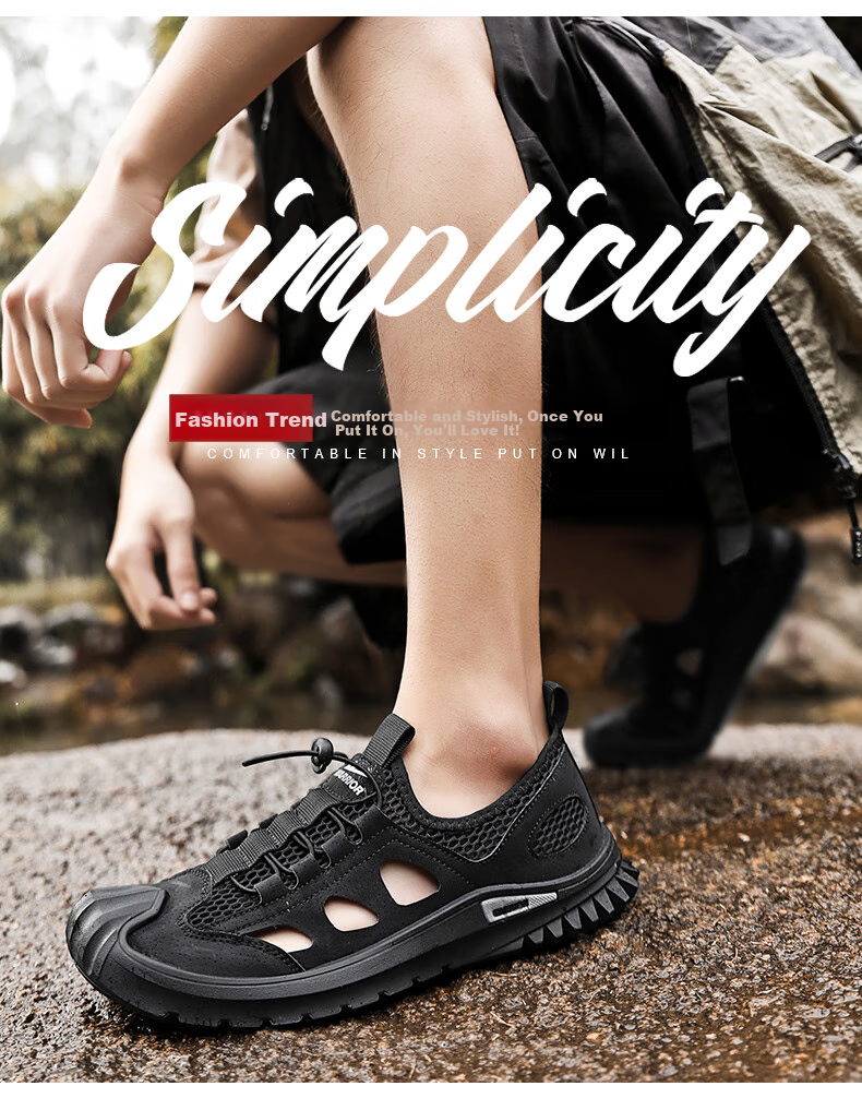 Huili (Warrior) Beach Sandals for Men, Perforated Shoes, Hollow-Out Closed-Toe Beach Shoes, 1018 Khaki Color, Size 43 1