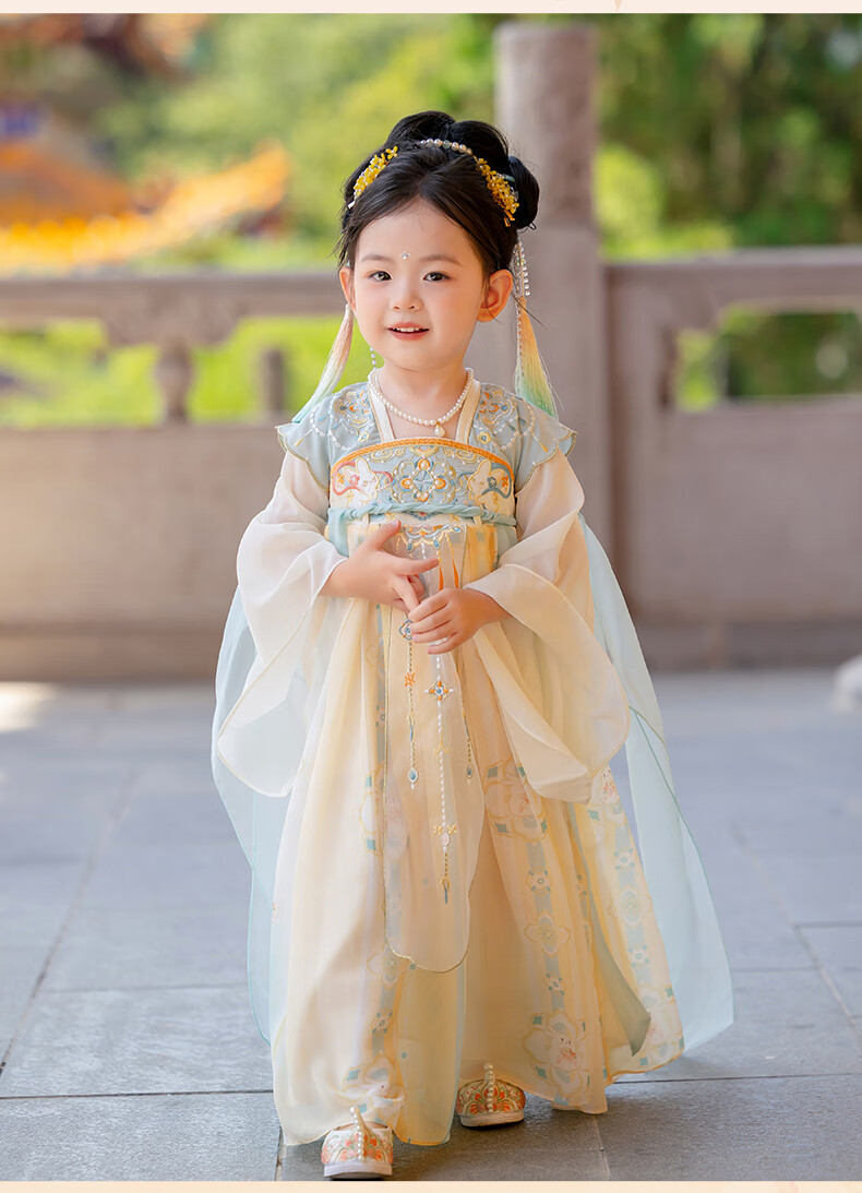 Menghulonglongyue Hanfu Girls' Spring and Autumn Dress New Children's Princess Ru Skirt National Style Dress Yellow Blue 120 11