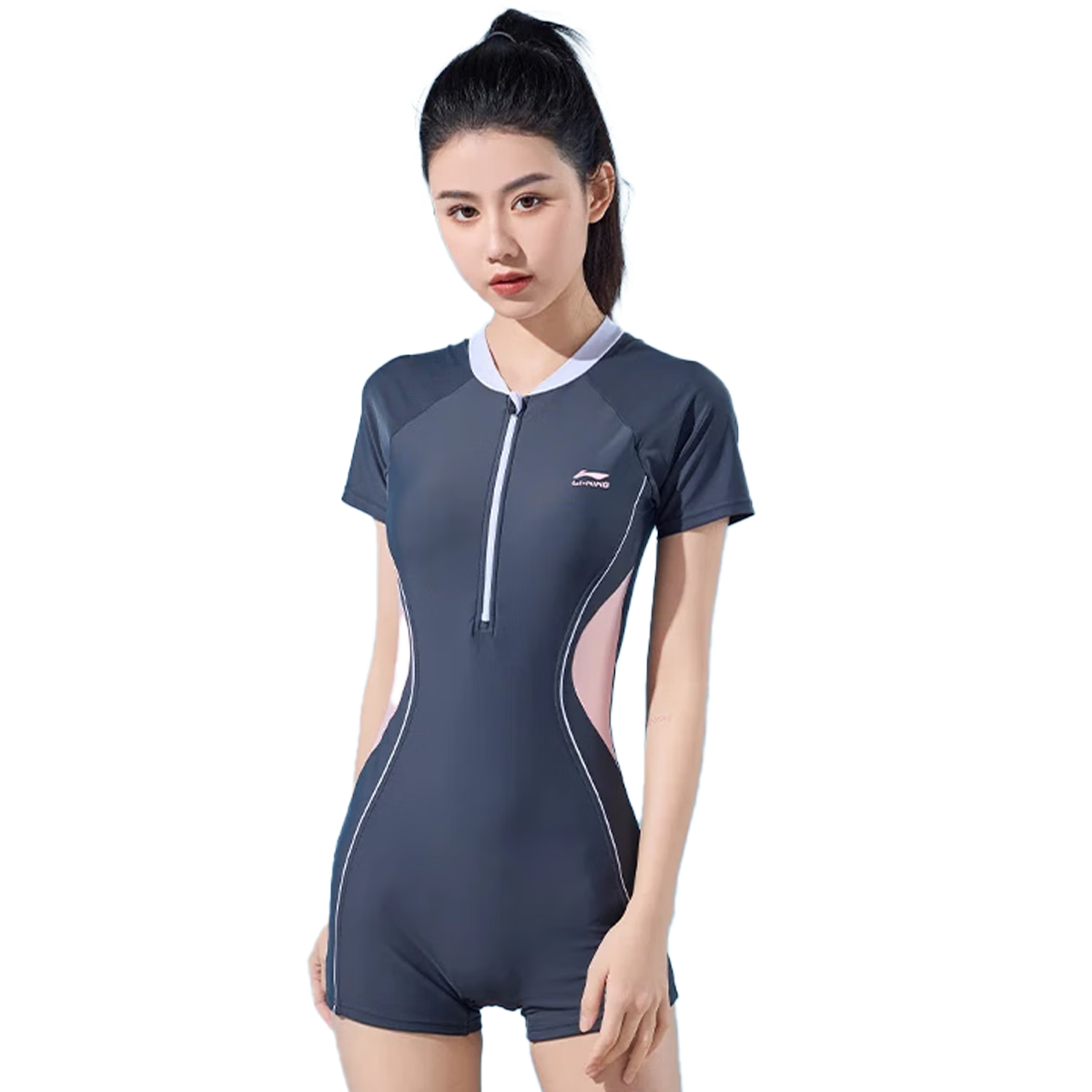 Li-Ning Women's Professional One-Piece Conservative Boyshort Swimsuit, Tummy-Covering Slimming Casual Training Hot Spring Swimwear, 473 Black-Gray 3XL