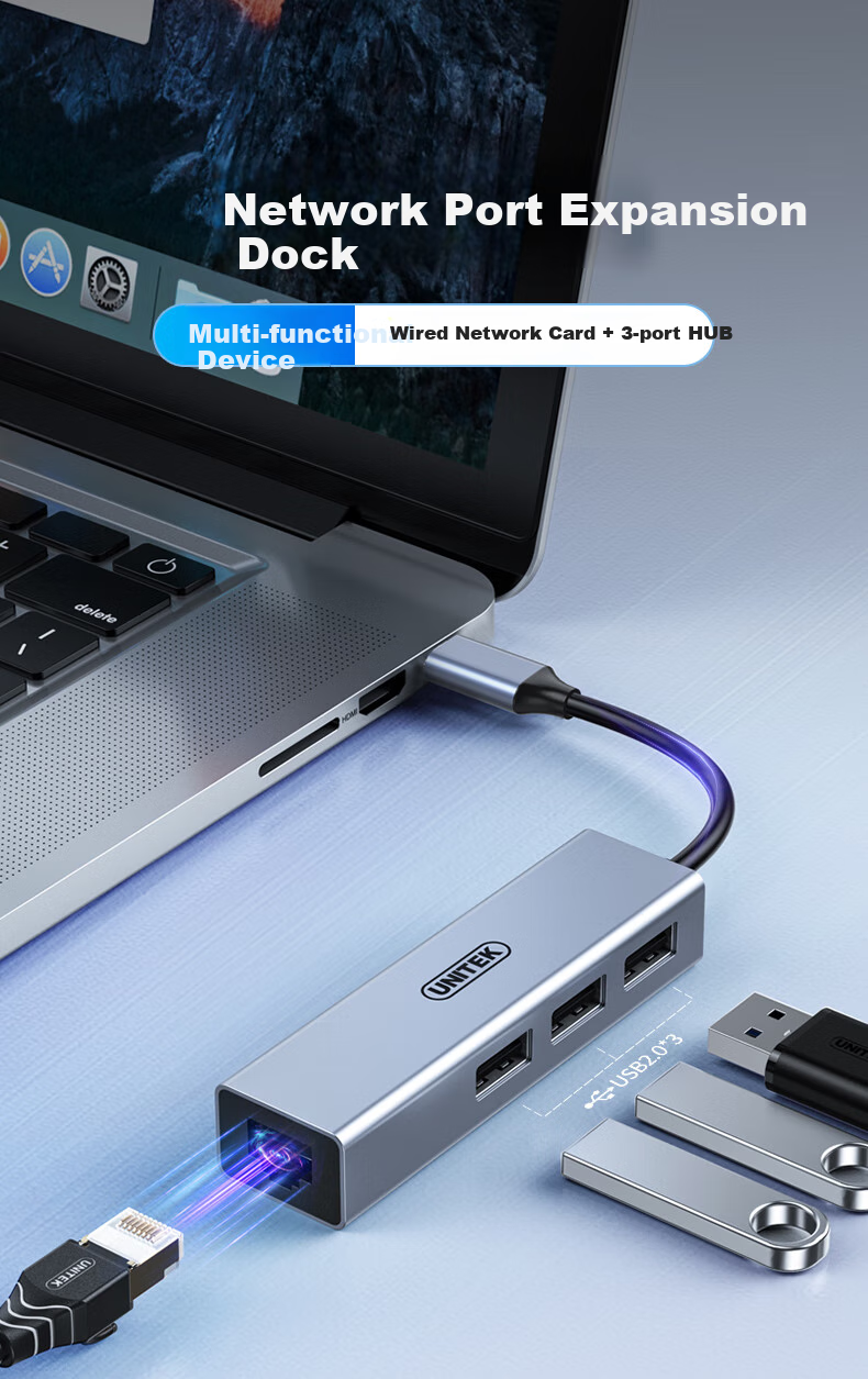 UNITEK USB-C to Ethernet Adapter, USB Hub Expansion Dock, Compatible with Huawei, Apple, Xiaomi, Lenovo Laptops, 100Mbps Network Card Expansion Converter H205B 1