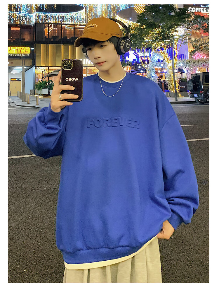 Dingfengbaoluo American Retro Crew Neck Sweatshirt for Men, Spring Trendy Steel-Printed Long-Sleeve Top DFL07 White XL 11