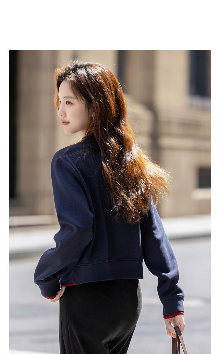 Dme [Warm 350G Brushed Air Layer] Winter Stylish Faux Two-Piece Color Block Stand Collar Sweatshirt Women's Top 2