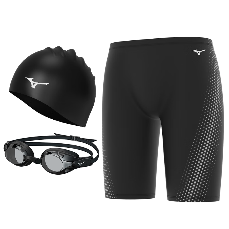 MIZUNO Men's Knee-Length Swim Shorts, Professional Anti-Embarrassment Swimwear And Goggles Set, Three-Piece Equipment, 1127 Black, Size L