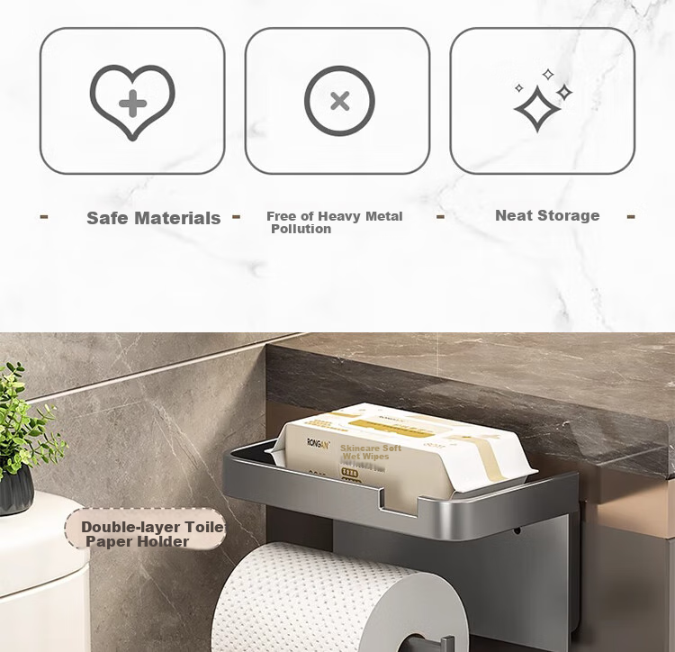 Xinpei Bathroom Tissue Holder, Space Aluminum, No Drilling Required, Double-Layer Paper Towel Dispenser, Toilet Roll Holder, Bathroom Storage Rack 8