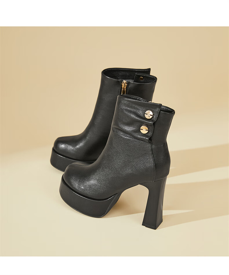 DAPHNE Side Zipper Fashion Elegant High Heel Short Boots Women Thick Heel Fleece-lined Slim Boots Black 37 10