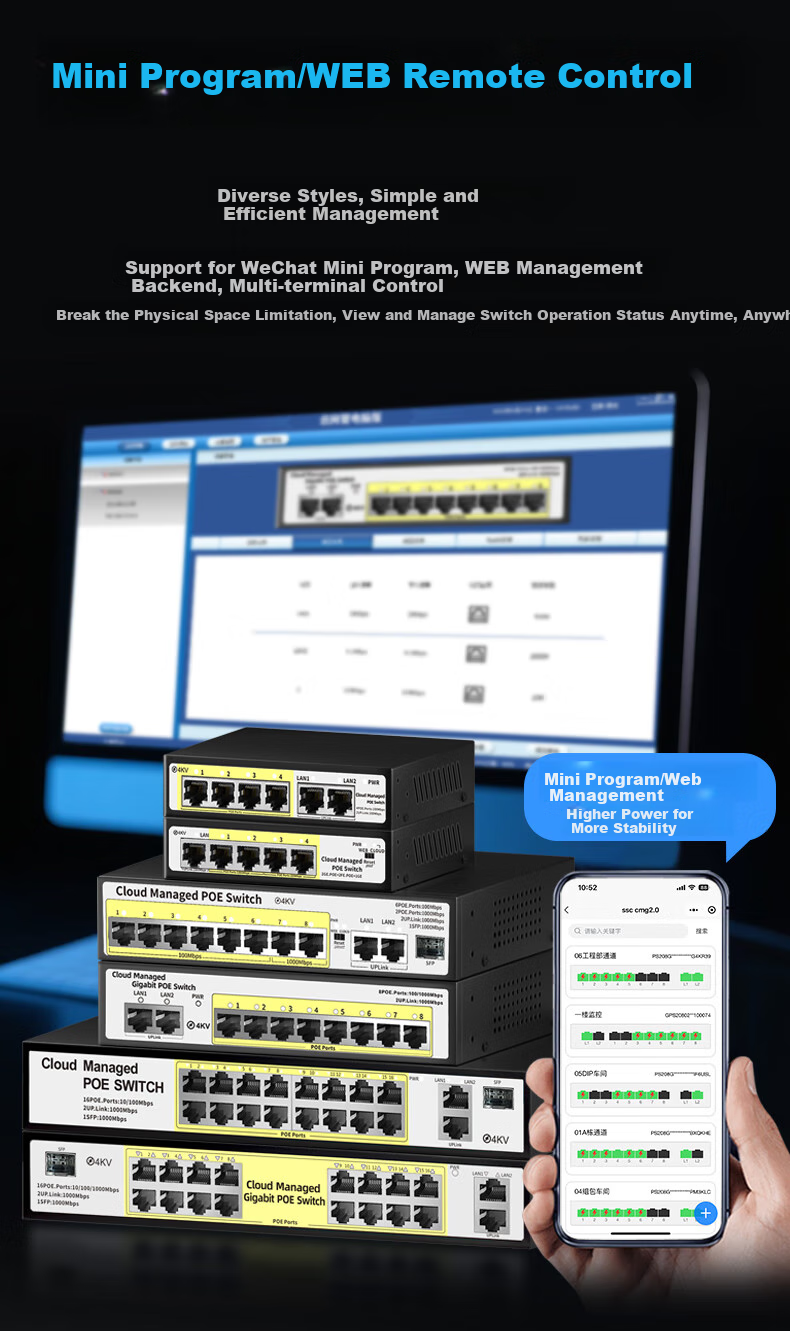 Huoyi 10-Port Gigabit POE Switch, 8 Gigabit PoE + 2 Gigabit, Managed Switch, Surveillance Network Cable Splitter, Enterprise-Level Switch, Splitter 4
