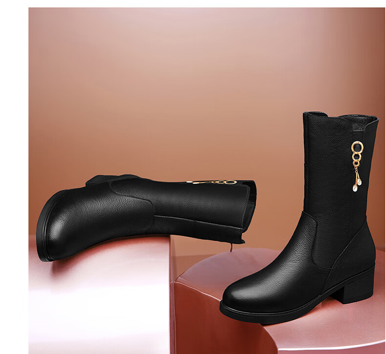 FUGUINIAO Genuine Leather Cowhide Women's Ankle Boots Autumn Winter Fleece Lined Warm Round Toe Chunky Heel Mid-Calf Boots Black Short Fleece Size 39 9