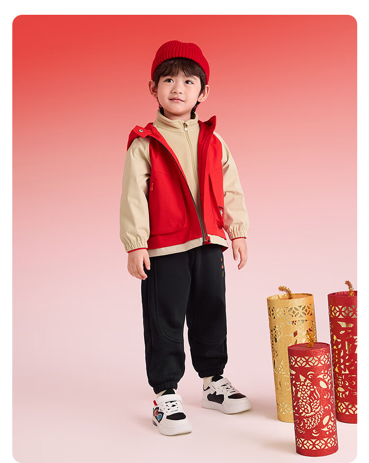 BALABALA Kids Boys' 2025 Autumn Winter Fleece Warmth Lunar New Year Two-Piece Set Three-Proof Anti-Static Thickened Jacket 5