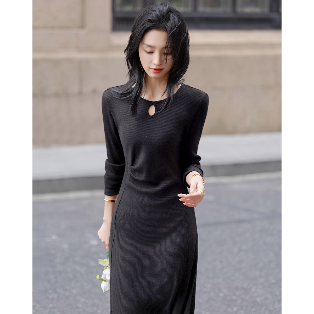 Demana [Outline Paper Doll] Spring Autumn Korean Style Sexy Hollow Ribbed Knit Long Dress for Women