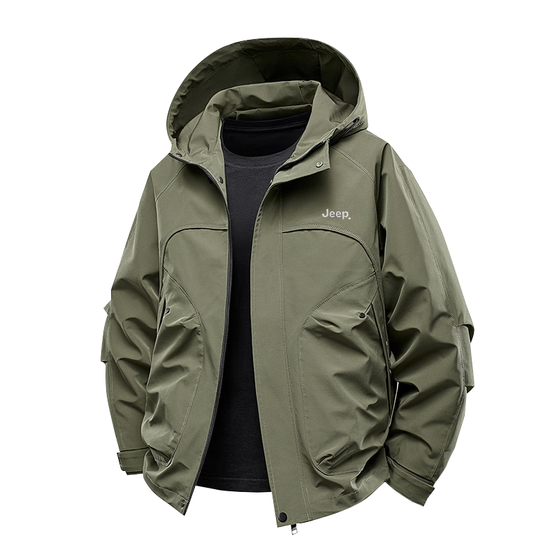 JEEP Men's Spring Loose Fit Hooded Jacket Casual Workwear Outdoor Climbing Coat Military Green 2XL