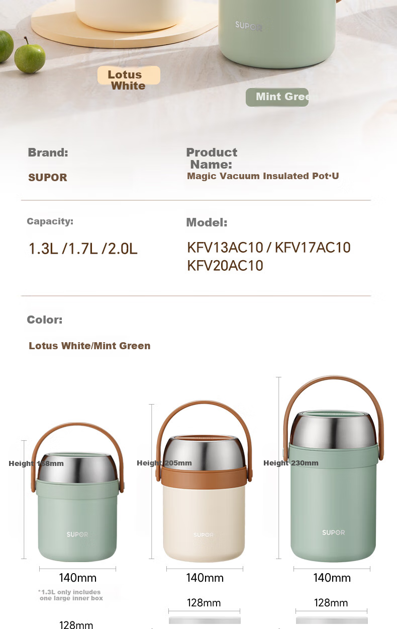 SUPOR Insulated Food Container, Stainless Steel Portable Pot, 2.0L Large Capacity Vacuum Insulated Lunch Box, Multi-Layer Portable Bento Box, Lotus White 16