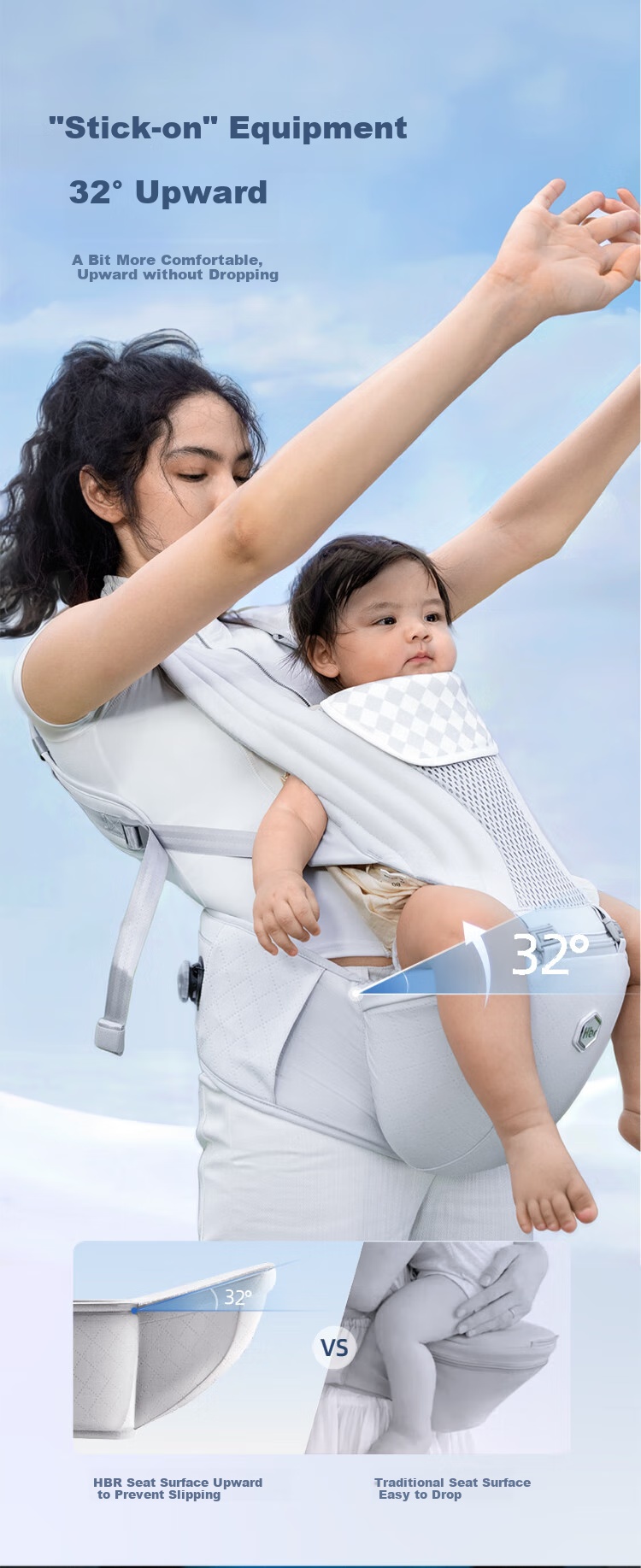 HBR Air Classic Pressure-Reducing Waist Stool, Five-Dimensional Baby Carrier, Lightweight, All-Season Multifunctional Baby-Holding Device, Checkered Black And White 7