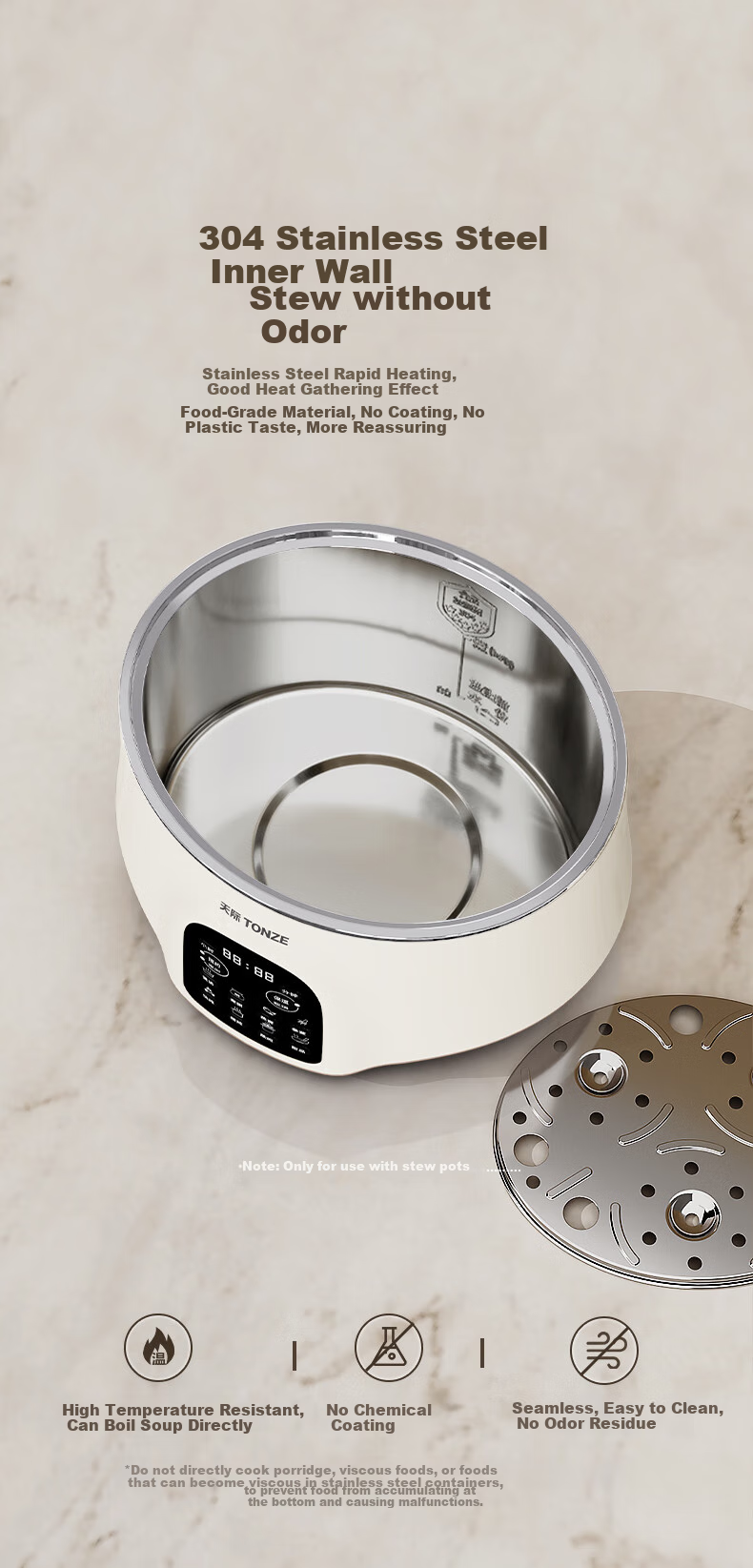 TONZE Stainless Steel Waterless Electric Stew Pot, Fully Automatic Soup Cooker, 3-6 Person Ceramic Bird's Nest Stew Pot, 3.5L GSD-353GE2 8