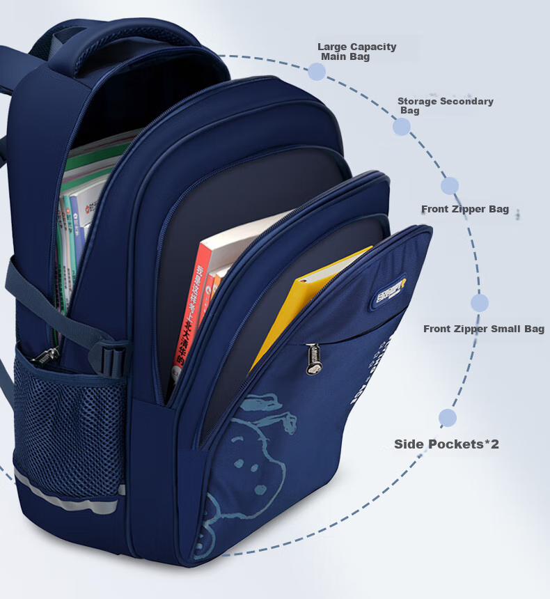 SNOOPY Middle School Backpack, Large Capacity with Multiple Compartments, for Grades 4-9 Boys And High School Students, Double Shoulder Bag, Navy Blue 11
