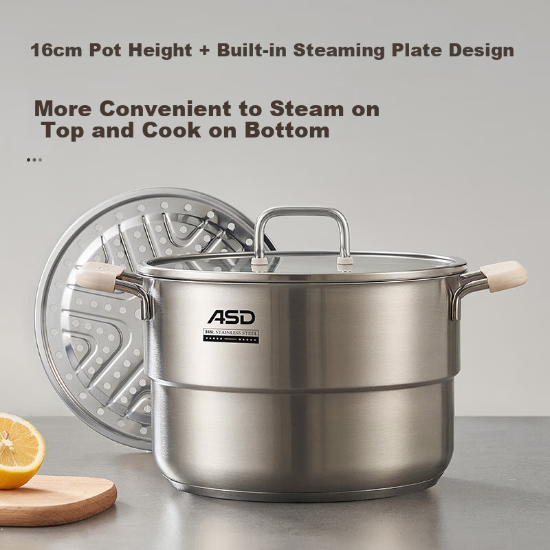 ASD Soup Pot, 316L Food-Grade Thickened Stainless Steel Steamer, Double-Layer Stew Pot, 22cm, Compatible with Induction And Gas Stoves, B15