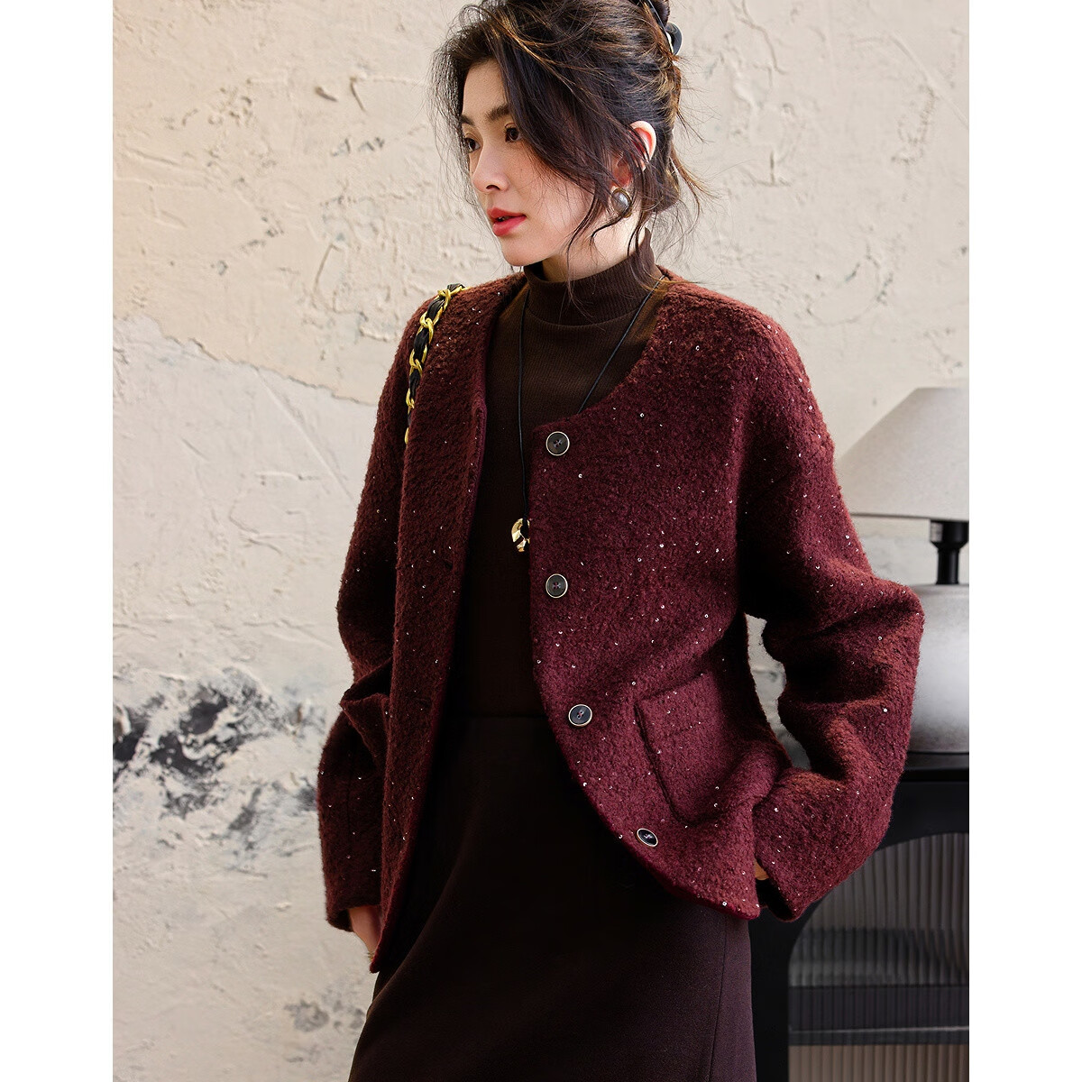 Demana Luxury Soft Wool Winter Intellectual Round Neck Boxy Thick Warm Sequin Loose Double-Faced Wool Coat for Women