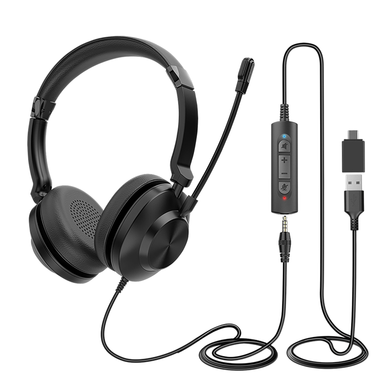 Yijiatong Over-Ear Call Center Headset ENC Active Noise Cancelling S600D 3.5MM Single Jack + USB + Type-C Volume Control Button Office Commercial Online Education Black