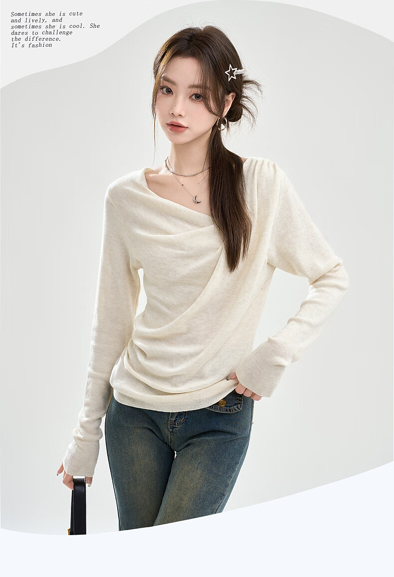 La Chapelle Women's Slim Fit V-Neck Pleated Knit Top T-Shirt in Apricot, Size S 5