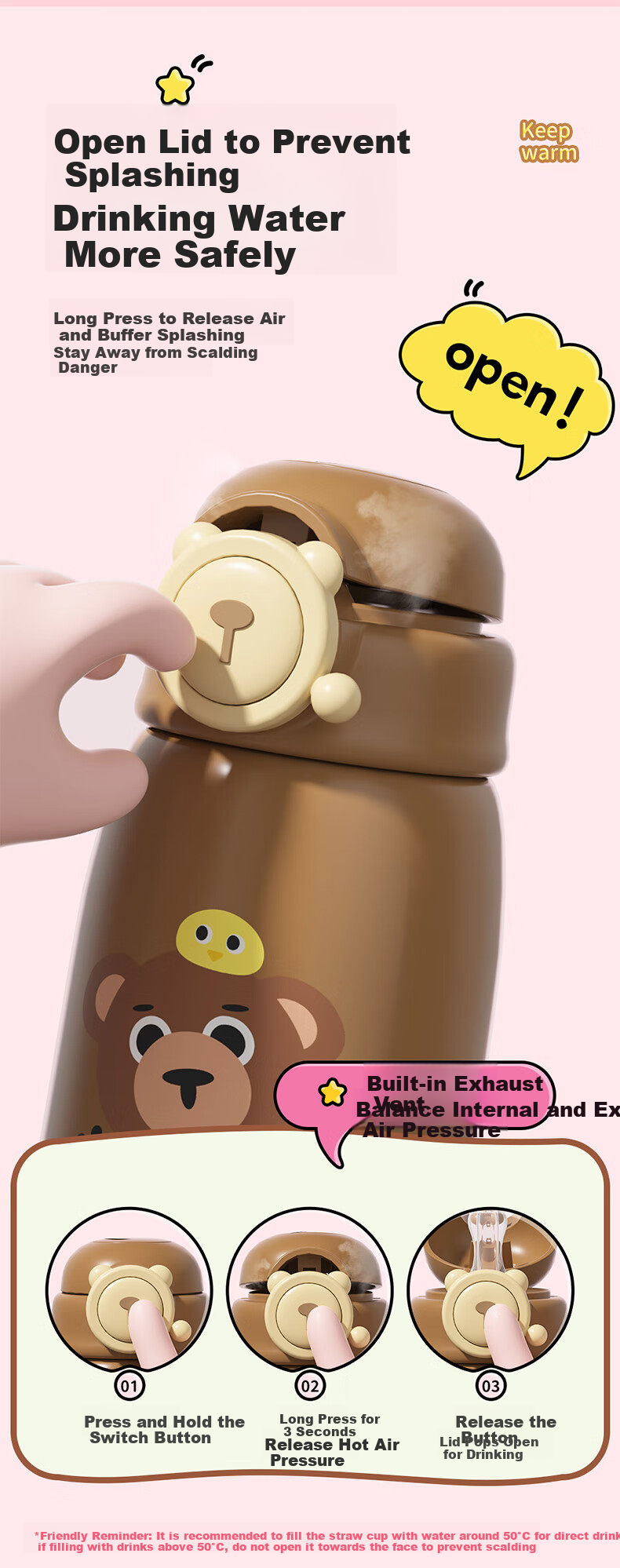 Fuguang Children's Insulated Cup, 316L Stainless Steel Water Bottle, for Boys And Girls, Elementary School Students, Toddlers, Large Capacity with Spring Lid 5