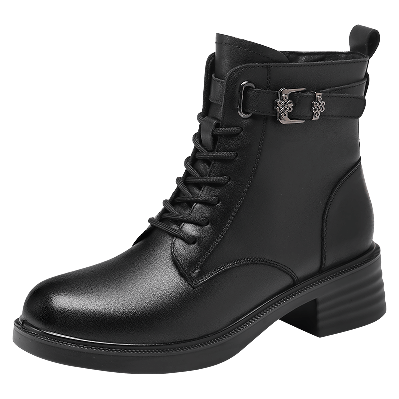 Red Dragonfly Women's Martin Boots Winter Fleece Lined Trendy Short Boots Thick Sole Versatile High Top Leather Boots WTC457351H Black Size 35