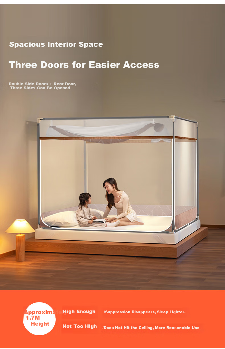FUANNA Home Mosquito Net, Baby Fall Prevention Fence Mosquito Net with Three Doors, 1.5*2 Meter Bed, Coffee [Dense Mesh] 3