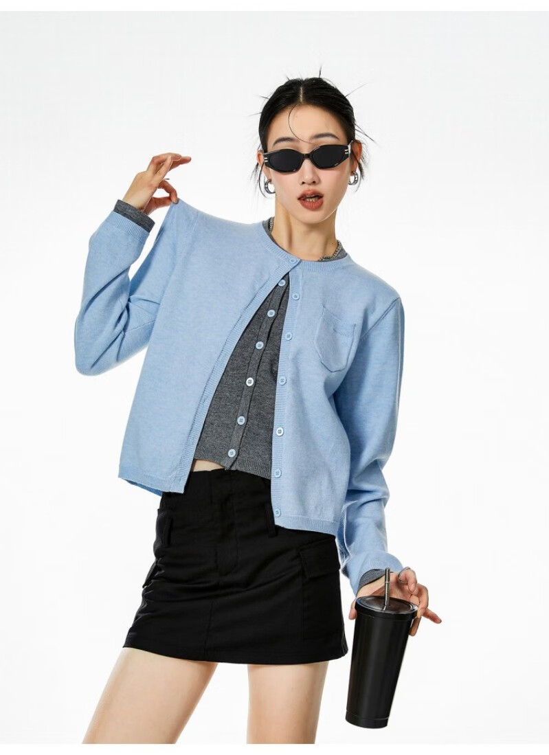 ICH MODE American Vintage Two-in-One Knit Cardigan Women Autumn Winter Sweater Jacket Base Shirt Long Sleeve Top Dark Gray XL 12