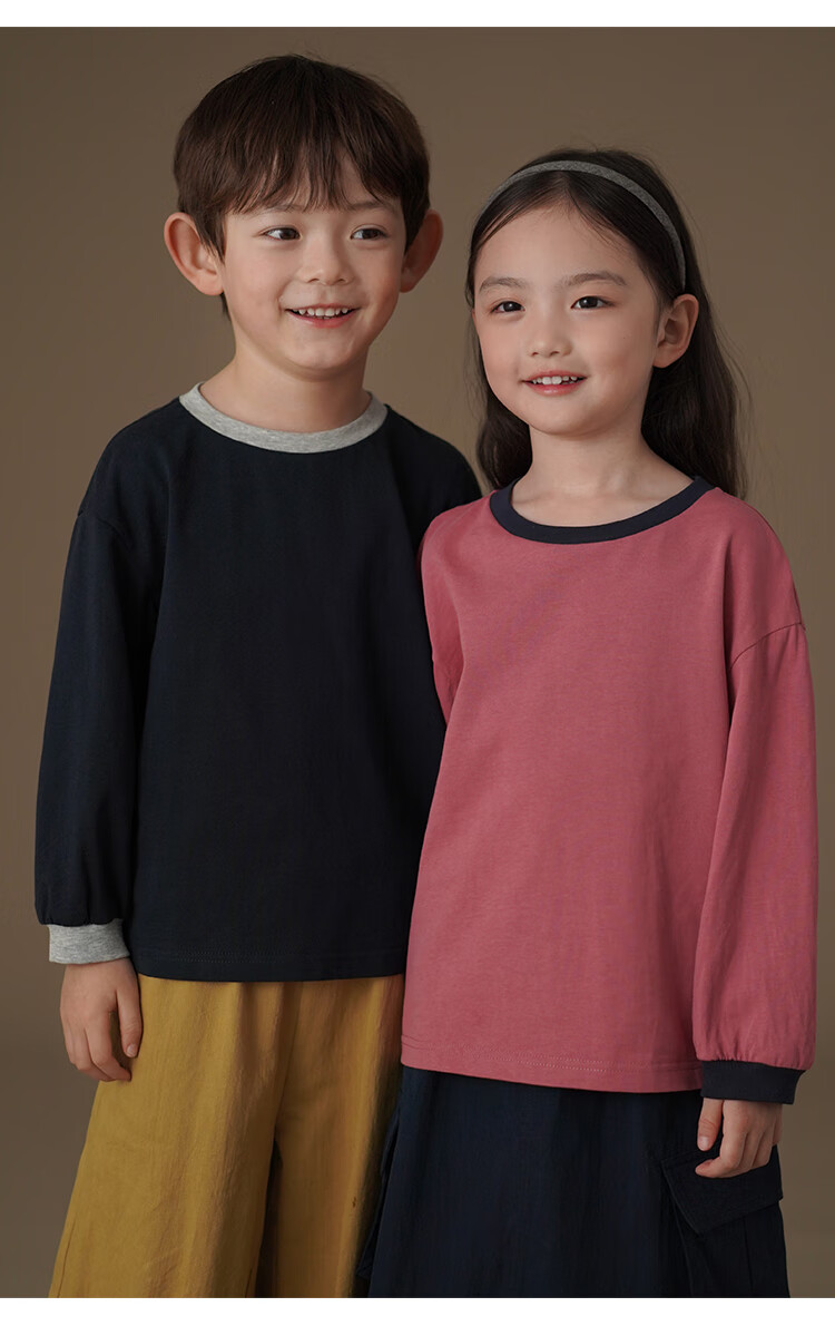 Hacikis Kids Spring and Autumn Long Sleeve T-Shirt Simple Top Boys Girls Skin-Friendly Base Shirt Navy Blue 150 3
