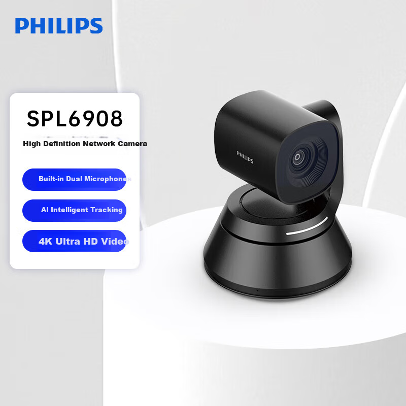 PHILIPS Video Conference Camera, 4K HD Wide-Angle Camera, 3x Optical Zoom, Computer USB Webcam, Built-In Dual Microphones, SPL6908