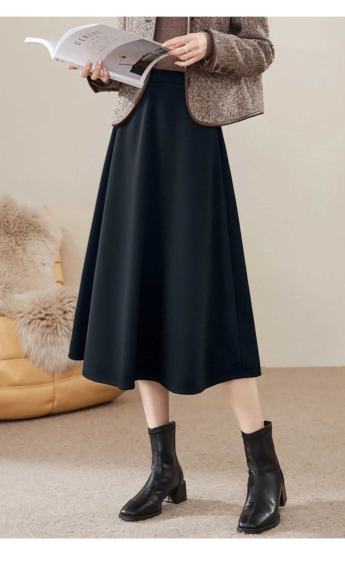 Chushen Spring And Autumn Midi Skirt for Women, Wild Meila De High-Waisted Irregular Design Elegant Commuter A-Line Skirt S143B2008 9