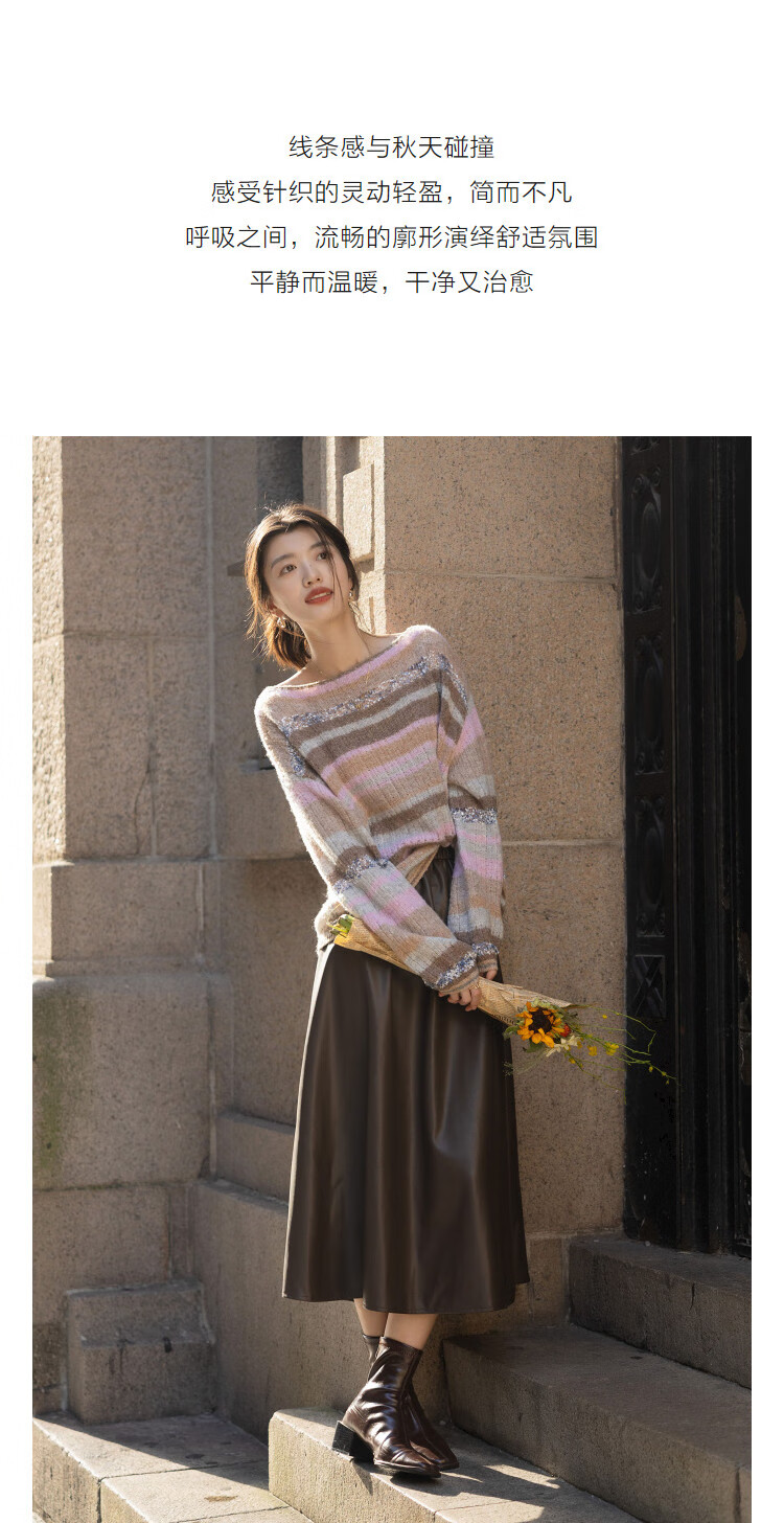 Demana Vintage Autumn Fluffy Wool Blend Striped Colorblock Crewneck Loose Knit Sweater for Women 2