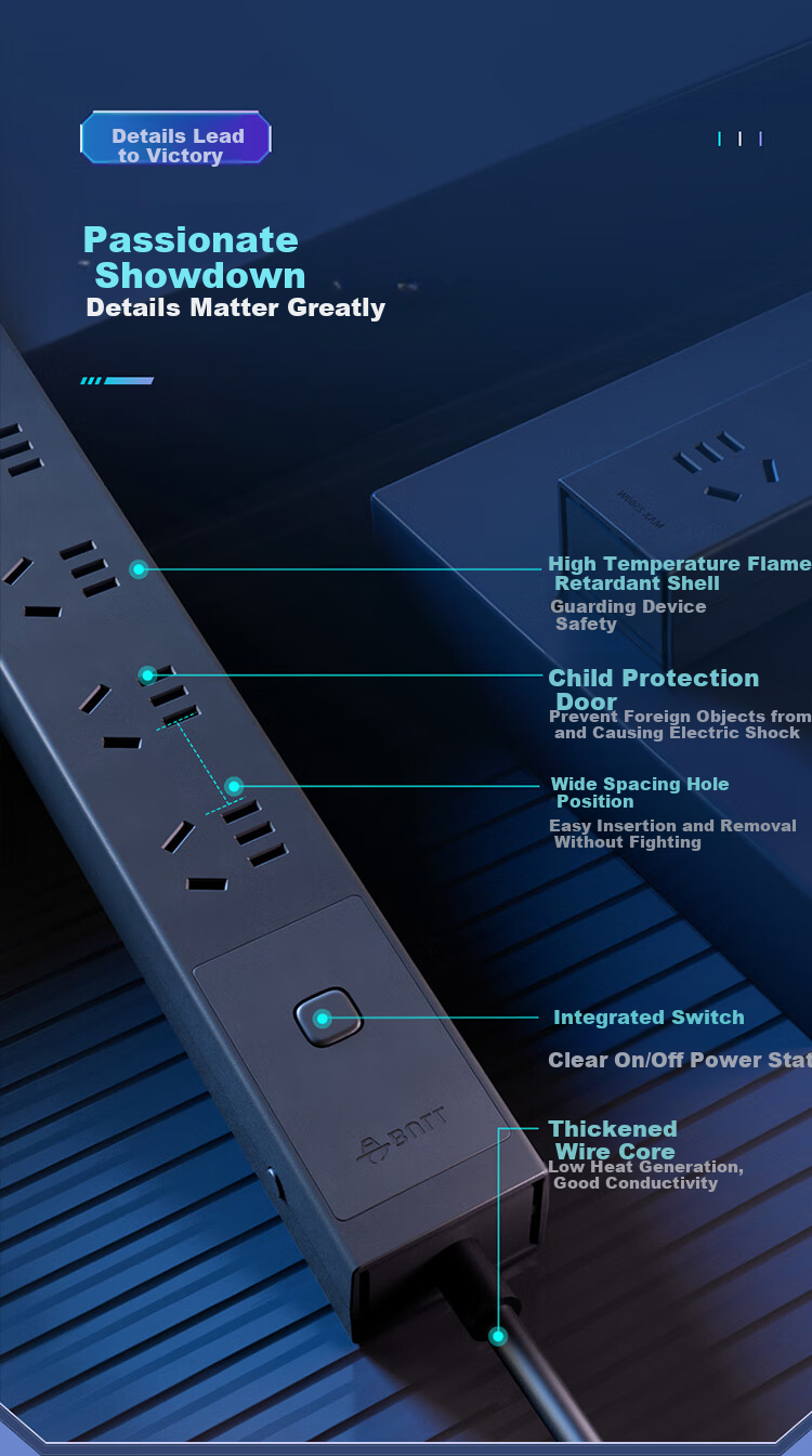 BULL PDU Desktop Overload Protection Under-Desk Gaming Cabinet Power Strip/Extension Cord/Power Bar/Power Strip, 6 Outlets with Master Switch, 1.8m Size, GNE-P106E Black 8