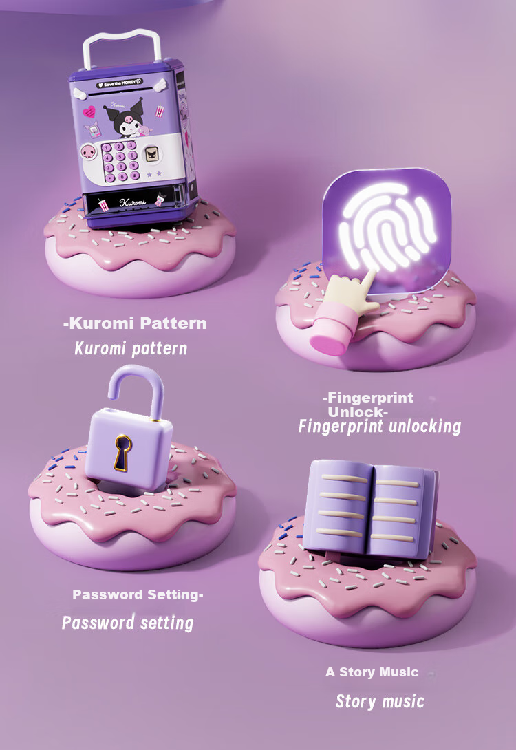 KUROMI Sanrio Melody Piggy Bank Children's Toy with Realistic Fingerprint Recognition, Savings Bank for Girls Aged 5-14 Birthday Gift 3