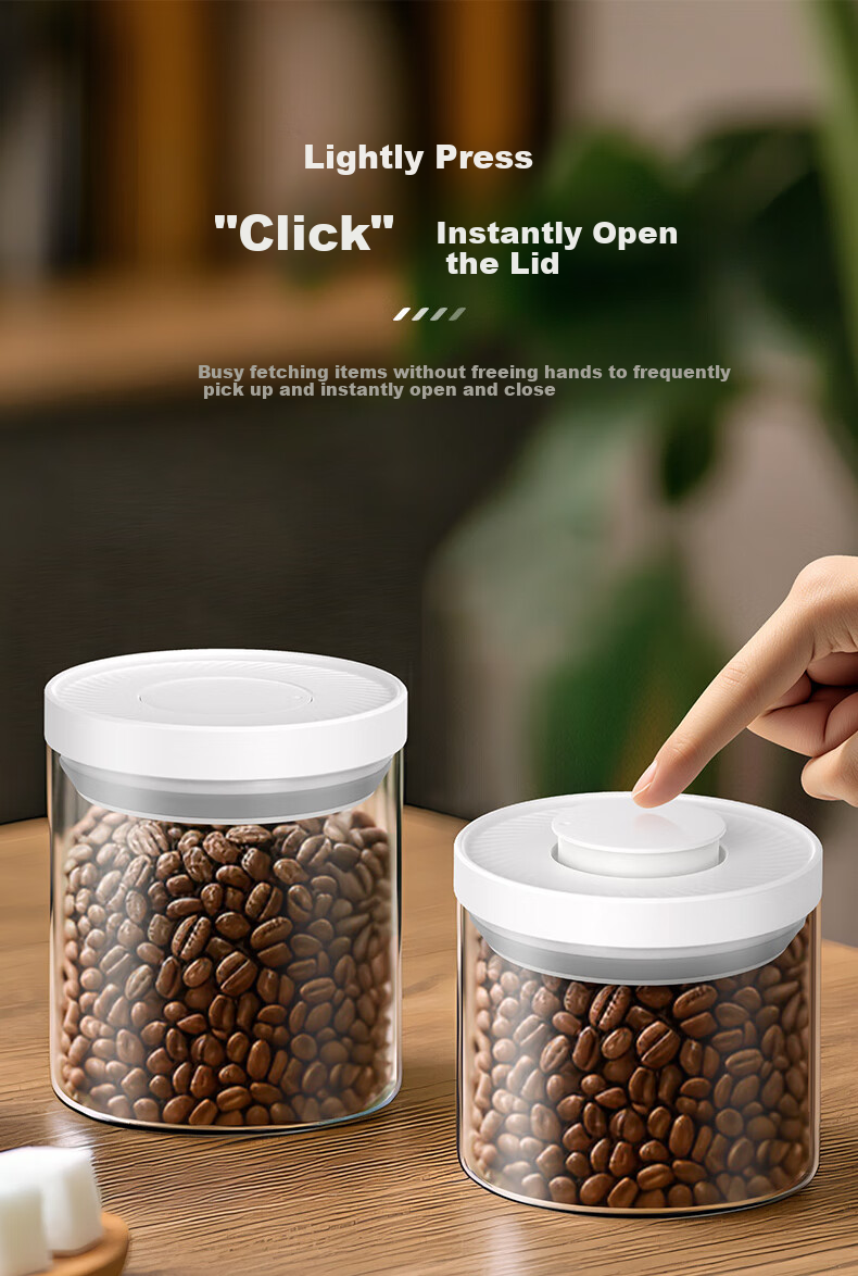 CLITON Glass Airtight Container, Push-Button Coffee Bean Storage Jar, Refrigerator Storage for Grains, Tea Leaves And Dried Goods, Food Preservation Container, 1000ml 3