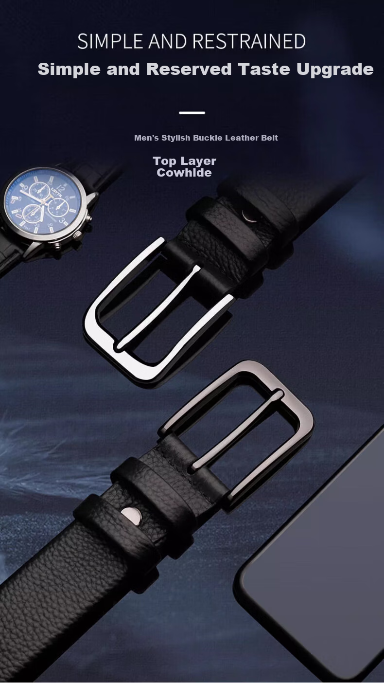 Huili Men's Belt, Top-Grain Leather, Pin Buckle, Pure Cowhide, Fashionable Versatile, Youth Light Genuine Leather Waist Belt 1