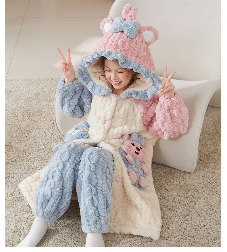 MiiOW Coral Fleece Children's Bathrobe Autumn Winter Thickened Plush Cartoon Warm Homewear for Girls 2025 New Style 4