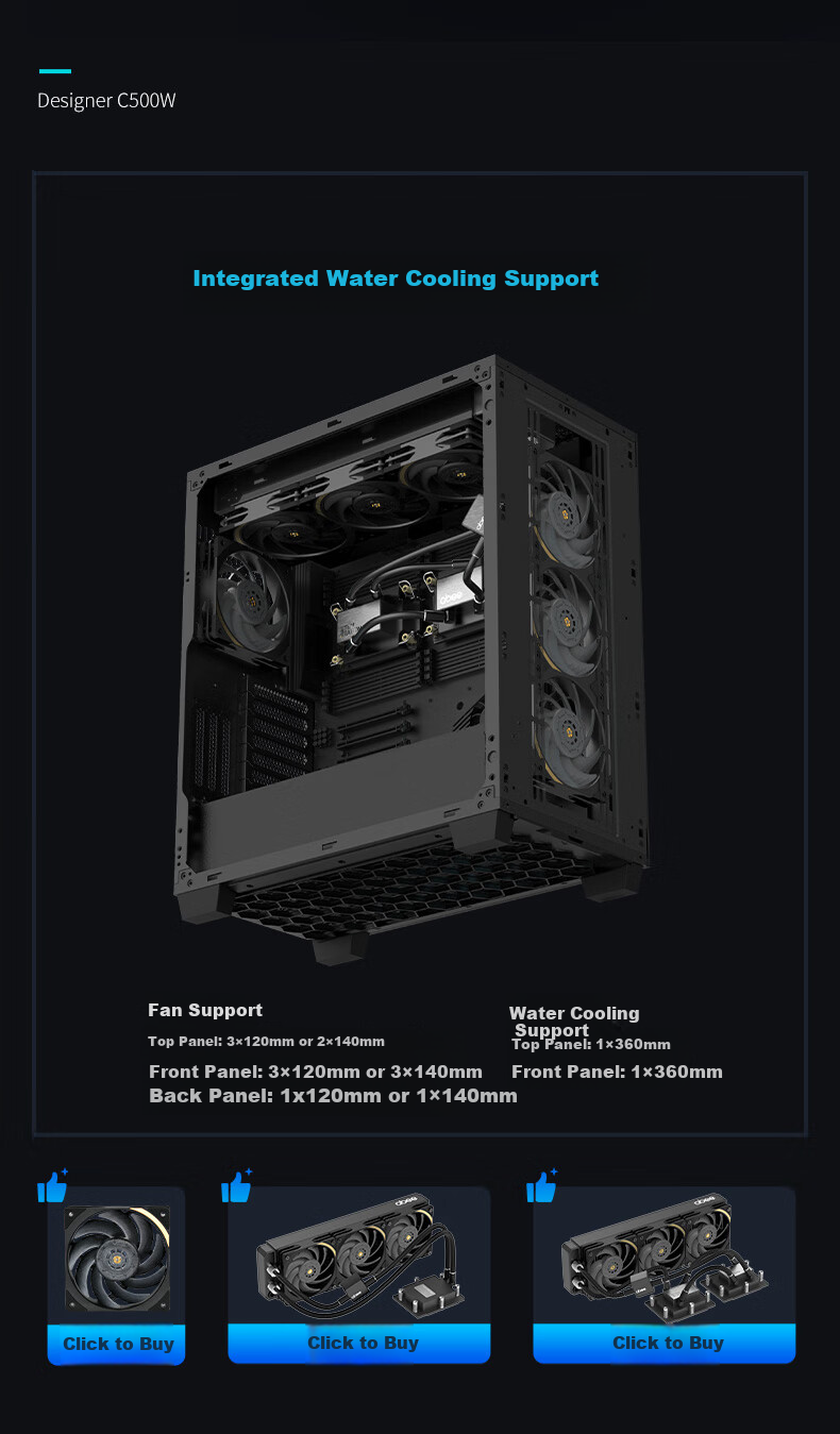 Abee Designer C500W Mid-Tower Workstation Case, Black/55L/Double 360mm Radiator Positions/E-ATX & EEB Dual Motherboard/Supports Ultra-Long Graphics Cards 6