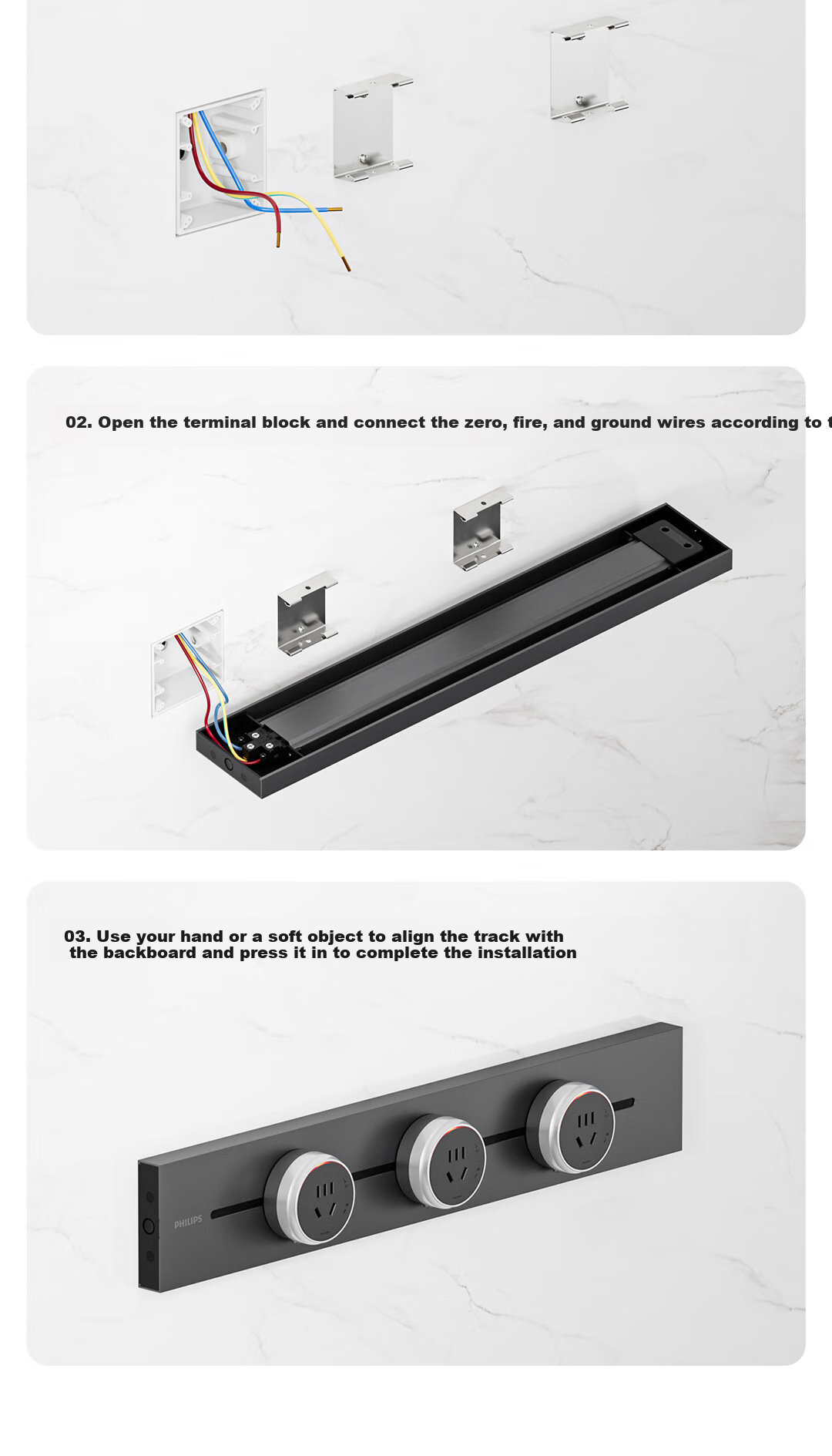 PHILIPS Surface-Mounted Track Socket Switch Panel, Wall-Mounted without Slots, Movable Sliding Rail Panel for Sideboard, Track-Type Sliding Power Strip, 42cm Track + 2 Adapters, Black 20