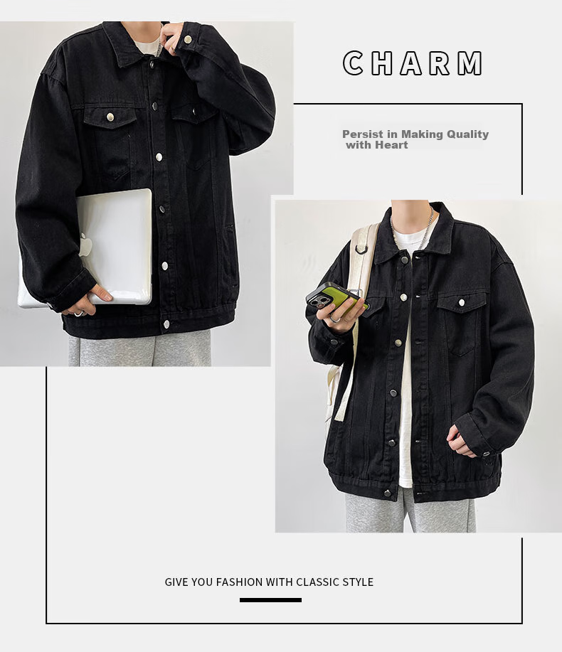 Dingfengbaoluo Casual Workwear Denim Jacket for Men, Spring Season Loose Fit Retro Lapel Versatile Coat HL38 Black L 7