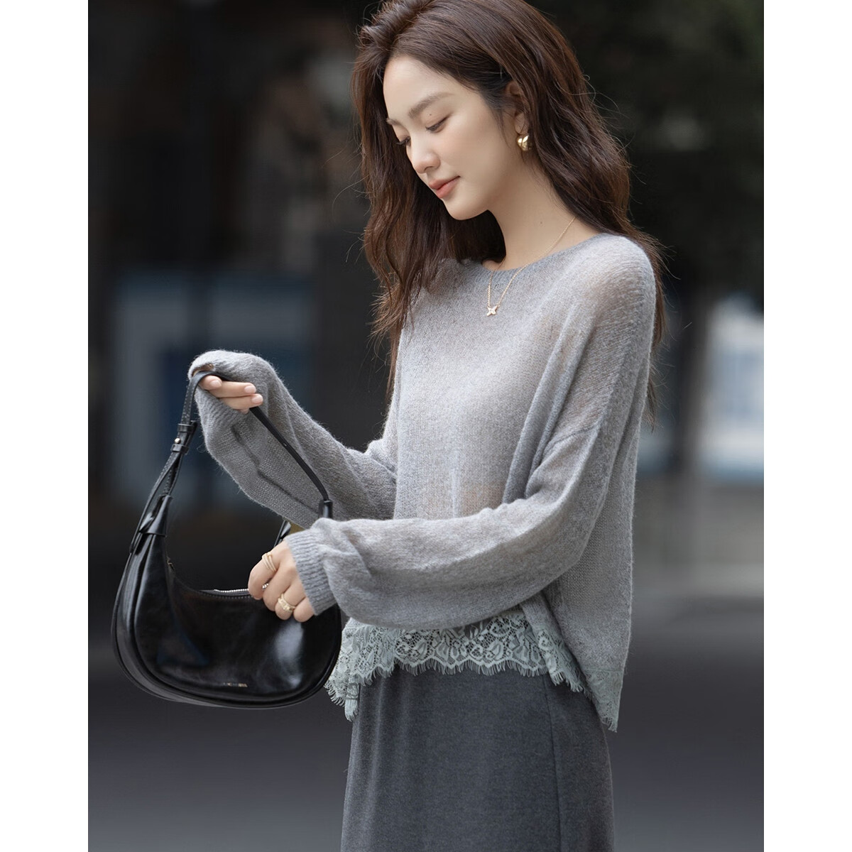 Demana [With Wool] Autumn Lightweight Crew Neck Lace Splice Loose Petite Elegant Knit Sweater Top