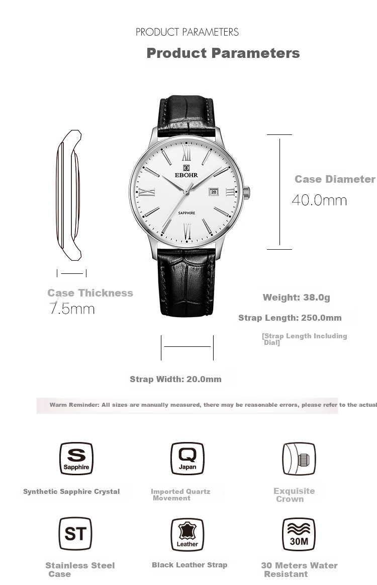 EBOHR Men's Watch, Master Series, Simple White Leather Strap Quartz Men's Watch, Birthday Mid-Autumn Festival Gift, 36000234 10