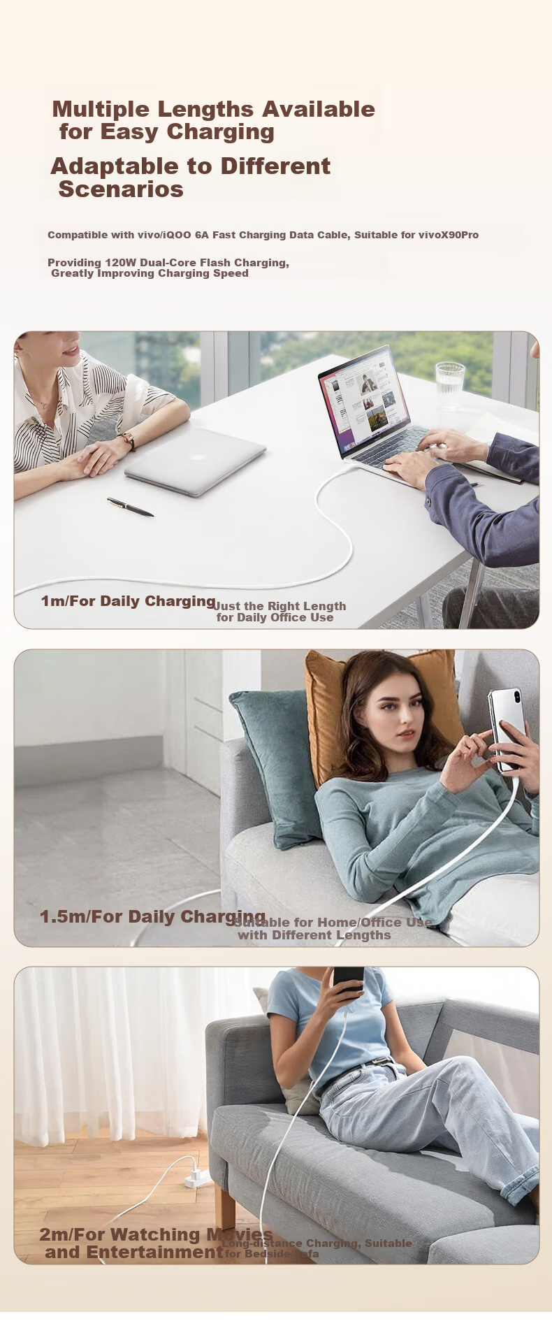 BIAZE USB to Type-C Data Cable, Suitable for IQOO Charging Cables, 6A Fast Charging, Vivo 120W/44W Fast Charging, Compatible with 9pro/8/7/z5/Neo5/6/x80/s12 Phones, 1 Meter Long 6