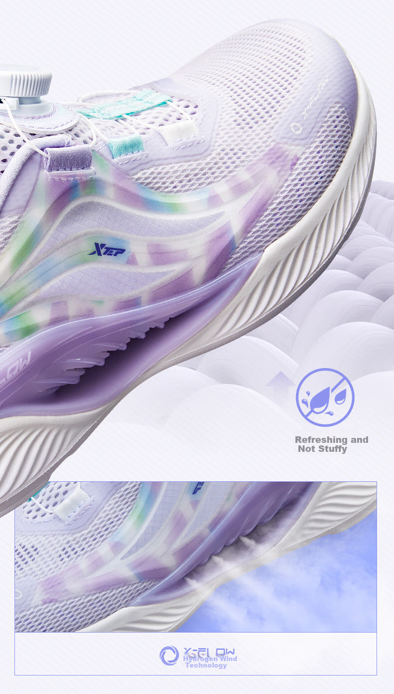XTEP Children's Hydrogen Wind 5.0 Small Label Multi-Color Breathable Rotary Buckle Lightweight Running Shoes, Sail White/Light Purple, Size 40 6