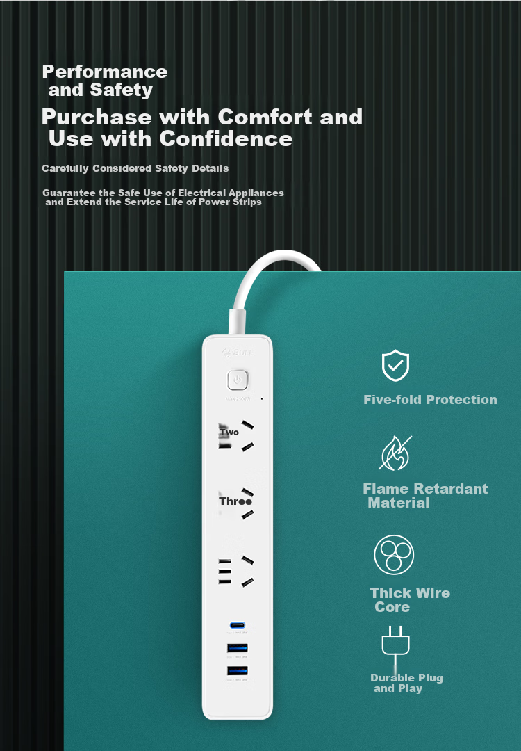 BULL 30000mAh PD Apple Fast Charging Power Strip/Extension Cord/Surge Protector/Desk Charger, USB + 3 Outlets, 3 Meters Long, White, GNV-UU4303B Master Switch 3