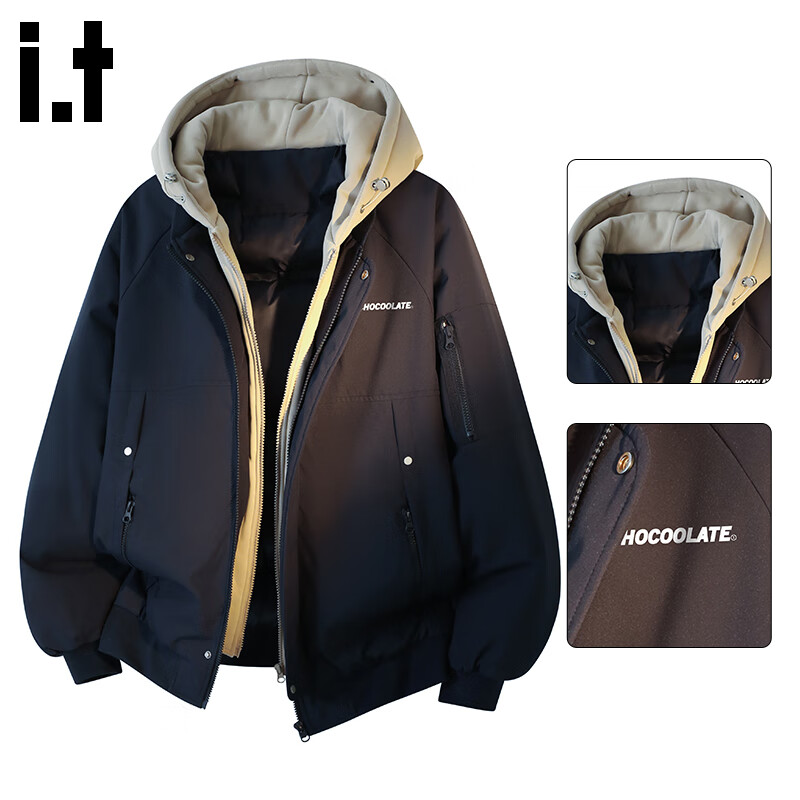 :CHOCOOLATE IT Fake Two-Piece Hooded Cotton Jacket Men's Winter New Cold-Resistant Warm Cotton Jacket Loose Fit Navy 2XL