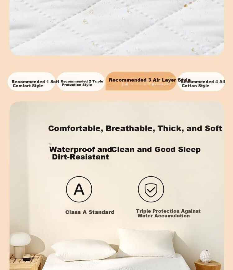 Wangyiyanxuan Mattress Protector, 3-Layer Standard Class A Antibacterial Waterproof Mattress Pad, 150×200cm, White Fitted Sheet Style 9