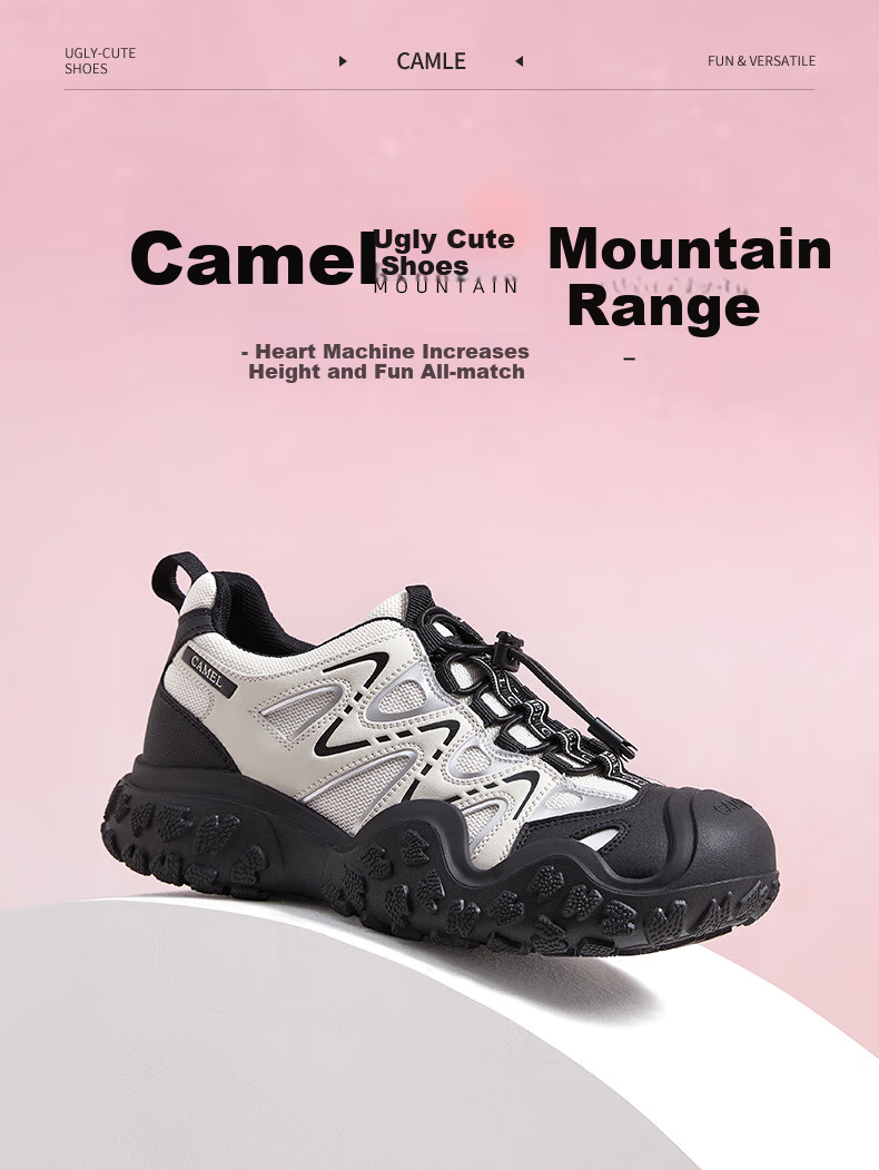 CAMEL Mountain-Style Ugly-Cute Women's Shoes with Hidden Heel Lift, Lightweight Outdoor Casual Shoes, L25A202145, Beige/purple, Size 37 1